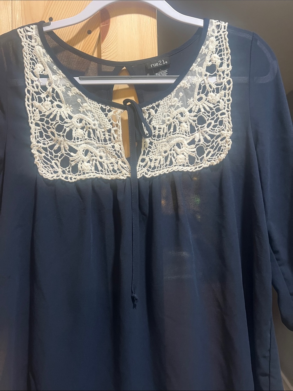 rue21 Navy Blouse with Cream Crochet Yoke size large